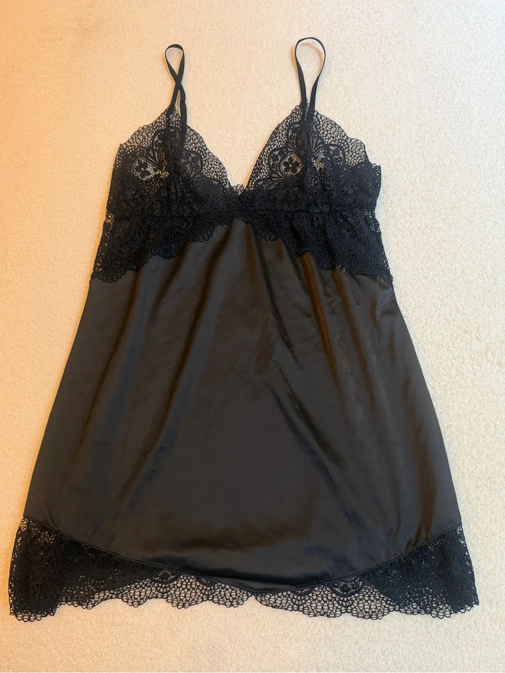 Black Lace Satin Chemise with Sheer Lace Bodice